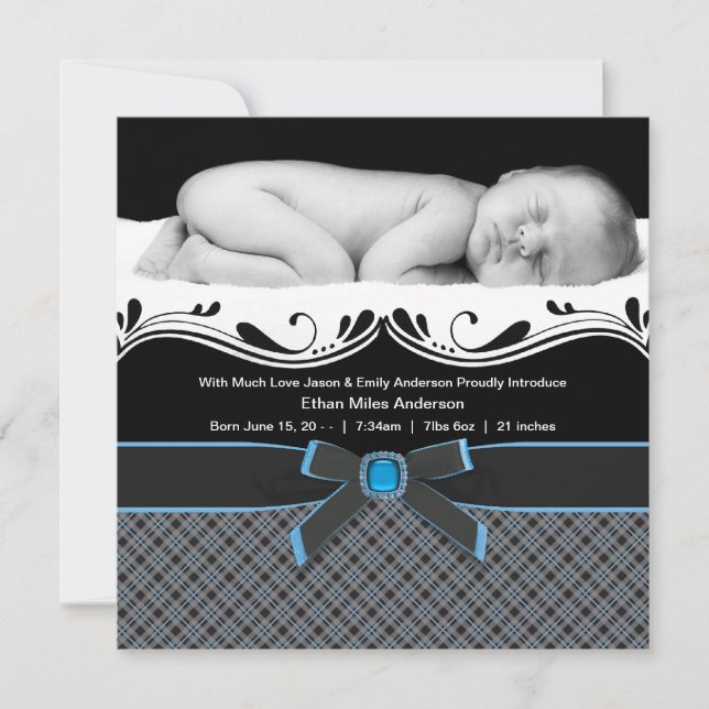 Blue Plaid Baby Boy Photo Birth Announcement (Front)