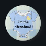 Blue Plaid Baby Shower Grandma 7.5 Cm Round Badge<br><div class="desc">This adorable badge or pin back button tells all your baby shower guests "Im the Grandma". Blue and green plaid background with a blue baby onsie jumper t-shirt outfit thingy, with a cute yellow rubber duck! Customise this badge for all family relatives! Click "Customise" and then "Change Text". Perfect for...</div>