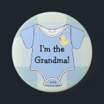 Blue Plaid Baby Shower Grandma 7.5 Cm Round Badge<br><div class="desc">This adorable badge or pin back button tells all your baby shower guests "Im the Grandma". Blue and green plaid background with a blue baby onsie jumper t-shirt outfit thingy, with a cute yellow rubber duck! Customise this badge for all family relatives! Click "Customise" and then "Change Text". Perfect for...</div>