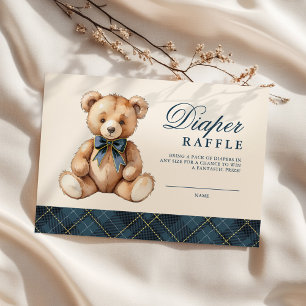 Blue Plaid Bear Baby Shower Diaper Raffle Enclosure Card