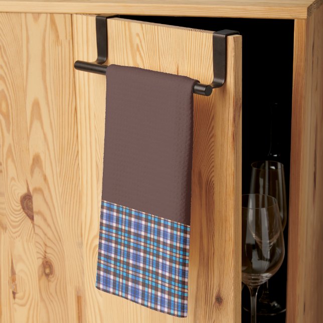 Blue Plaid Borders on Brown Tea Towel (Thirds Fold)