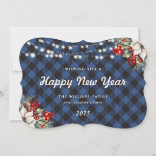 Blue Plaid Botanical String Lights New Year Card