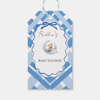 Blue Plaid Boy Baby shower bear ribbon Gift Tags