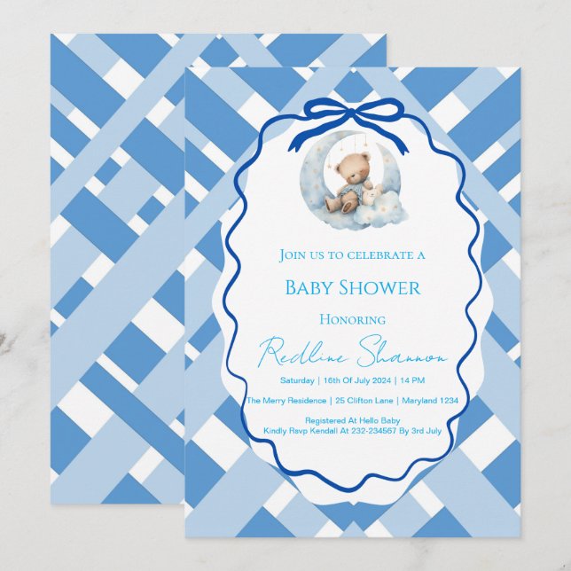 Blue Plaid Boy Baby shower bear ribbon Invitation (Front/Back)