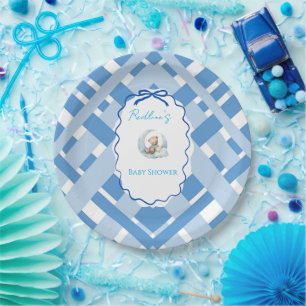 Blue Plaid Boy Baby shower bear ribbon Paper Plate