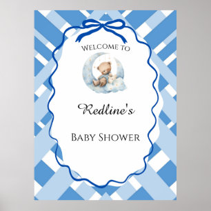 Blue Plaid Boy Baby shower bear Welcome Poster