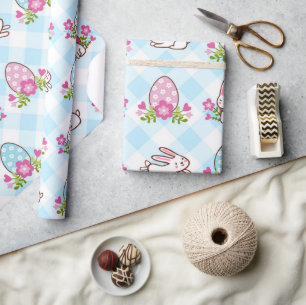Blue Plaid Bunnies And Eggs Wrapping Paper