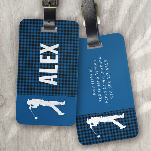 Blue Plaid Check Monogram Golfer Luggage Tag