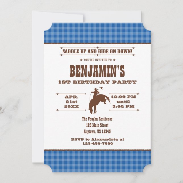 Blue Plaid Cowboy Rodeo Birthday Invitation (Front)
