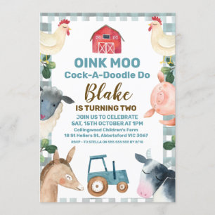 Blue Plaid Farm And Tractor Birthday Invitation