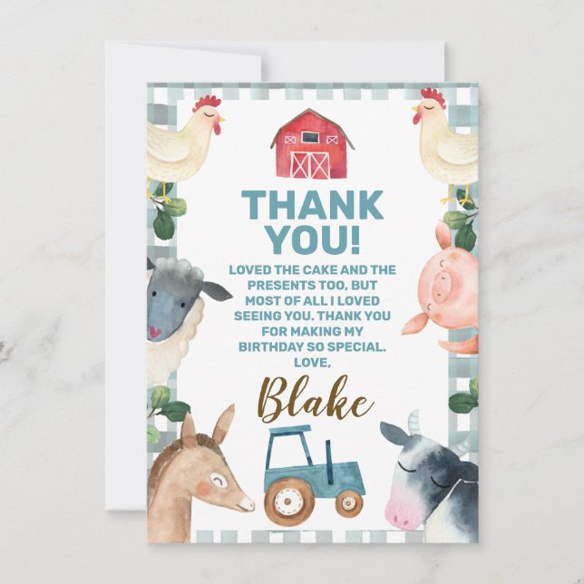 Blue Plaid Farm And Tractor Thank You Card (Front)