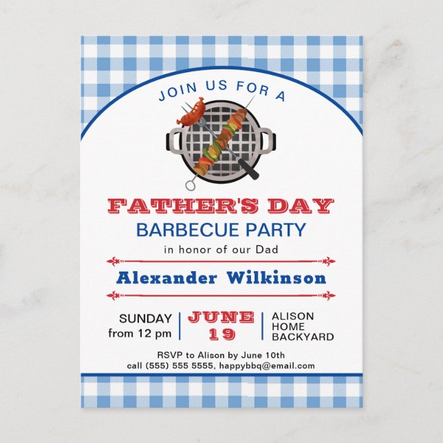 Blue Plaid Father's Day Photo BBQ Invitation Postcard (Front)