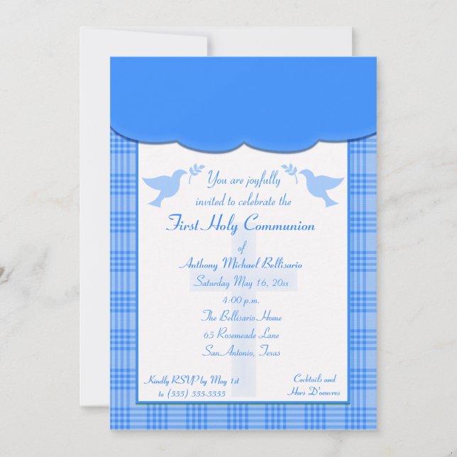 Blue plaid First Holy Communion Invitation (Front)
