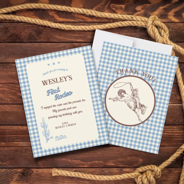 Blue Plaid First Rodeo Western 1st Birthday Thank You Card (Blue Plaid First Rodeo Western 1st Birthday Thank You Card)