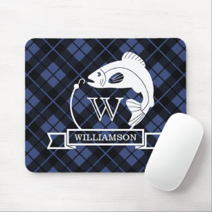 Blue Plaid Fish & Hook Monogram Mouse Mat