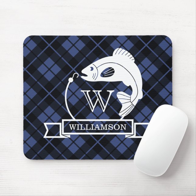 Blue Plaid Fish & Hook Monogram Mouse Mat (With Mouse)