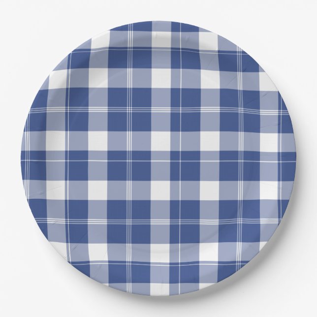 Blue Plaid For Hanukkah Words Holiday Paper Plates (Front)