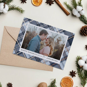 Blue Plaid Frame Christmas Real Foil Photo Holiday Card