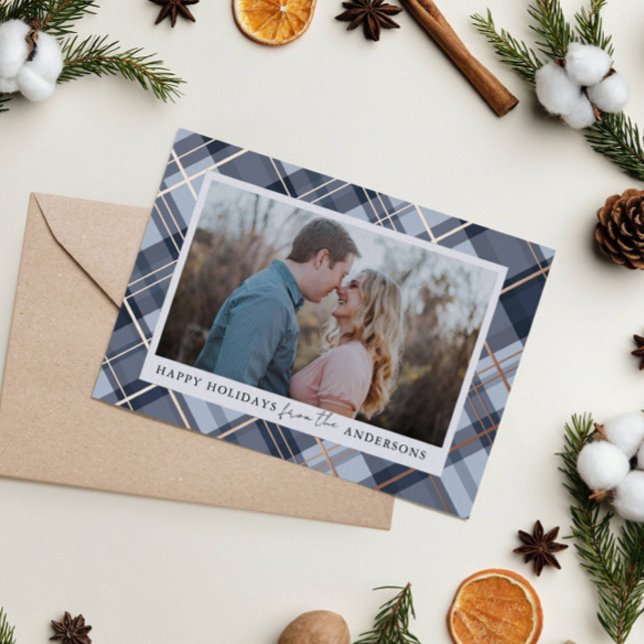 Blue Plaid Frame Christmas Real Foil Photo Holiday Card (Creator Uploaded)