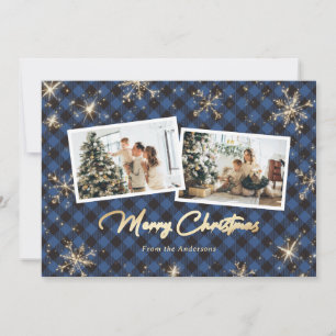 Blue Plaid Gold Sparkle Snowflakes Photo Christmas Holiday Card