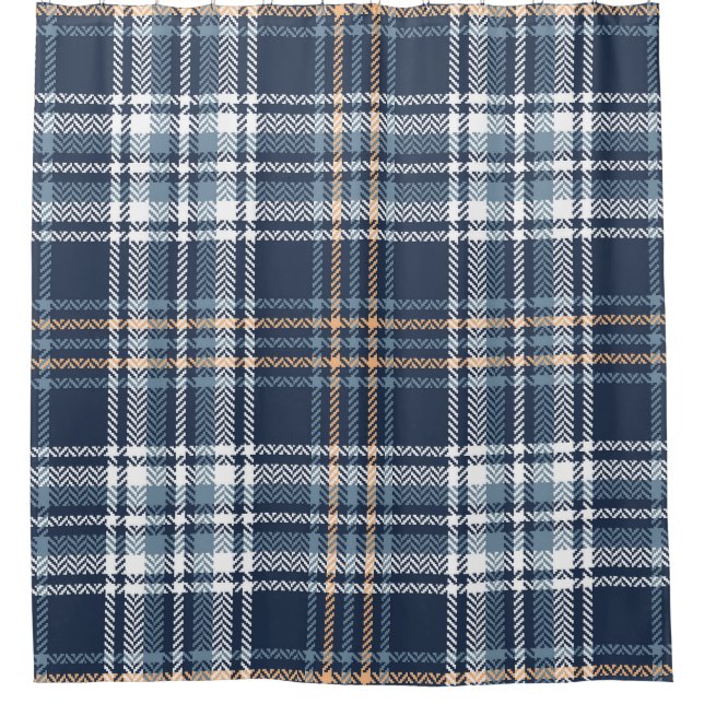 Blue Plaid Herringbone: Vintage Tartan Shower Curtain (Front)
