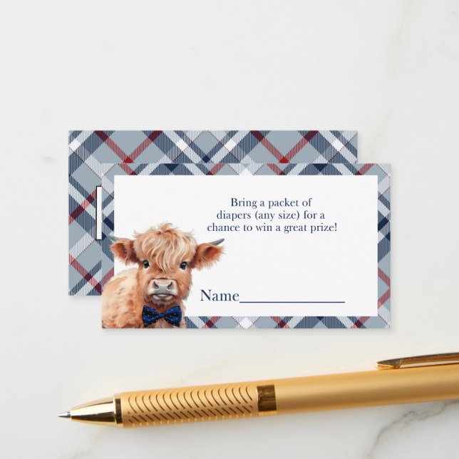 Blue plaid Highland Cow diaper raffle Enclosure Card (Front/Back In Situ)