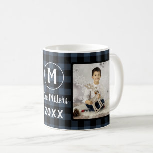 Blue Plaid Holiday Family Name 2 Photo Year Coffee Mug