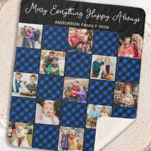 Blue Plaid Holiday Personalised 13 Photo Collage Sherpa Blanket