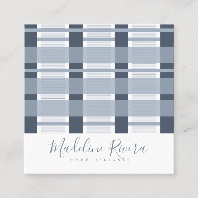 Blue Plaid Home Designer Square Business Card (Front)
