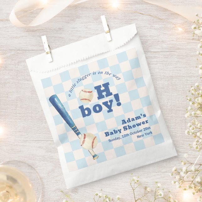 Blue Plaid Little Slugger Baseball Baby Shower  Favour Bags (Clipped)