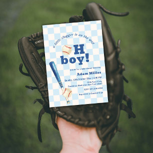 Blue Plaid Little Slugger Baseball Baby Shower Invitation