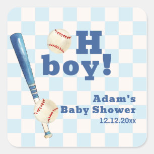 Blue Plaid Little Slugger Baseball Baby Shower Square Sticker