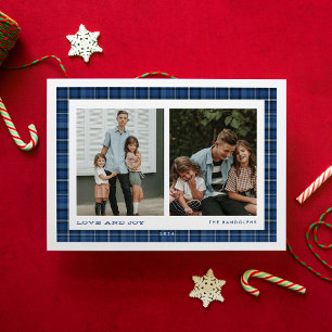 Blue Plaid Love and Joy Double Photo Holiday Card