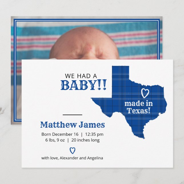 Blue Plaid Made In Texas Horizontal Photo Announcement (Front/Back)