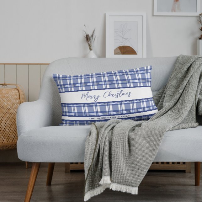 Blue Plaid Merry Christmas Lumbar Cushion (Creator Uploaded)