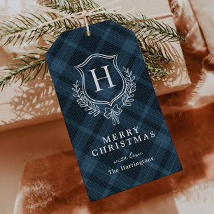 Blue Plaid Monogram Christmas Gift Tags