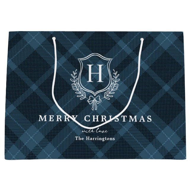 Blue Plaid Monogram Name Christmas Large Gift Bag (Front)
