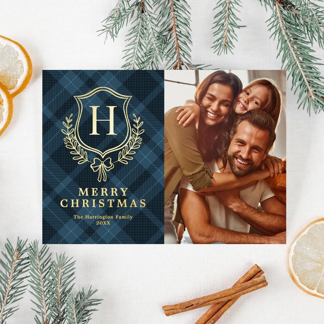 Blue Plaid Monogram Photo Christmas Foil Holiday Card (Creator Uploaded)