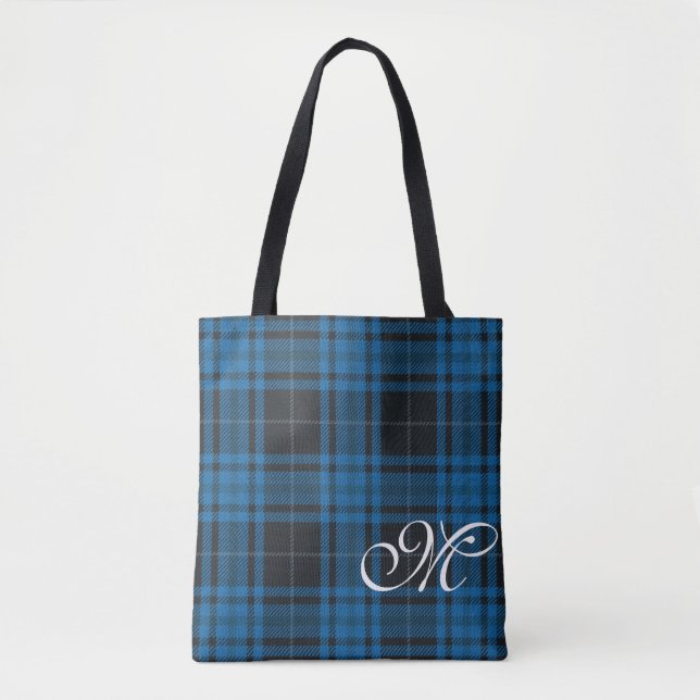 Blue Plaid Monogram Tote Bag (Front)