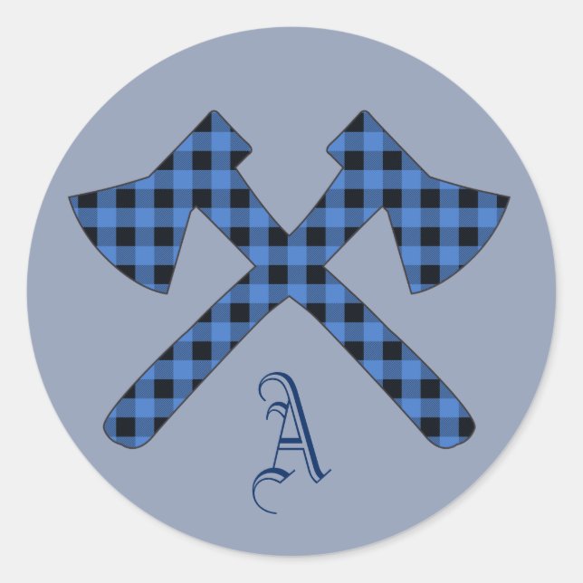 Blue Plaid Monogram Two Axes Classic Round Sticker (Front)