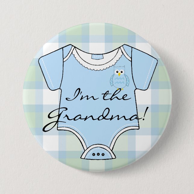 Blue Plaid Owl Baby Shower Grandma 7.5 Cm Round Badge (Front)