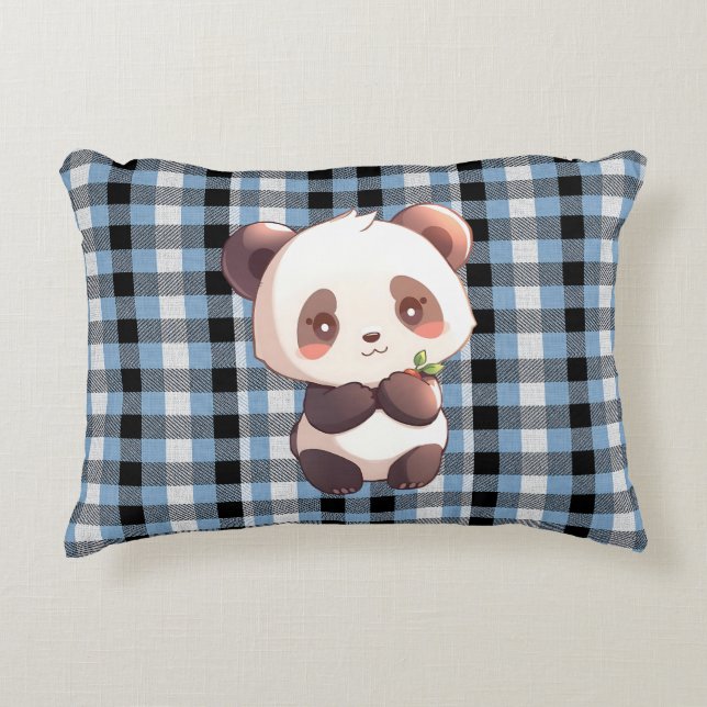Blue Plaid Panda Accent Pillow (Front)
