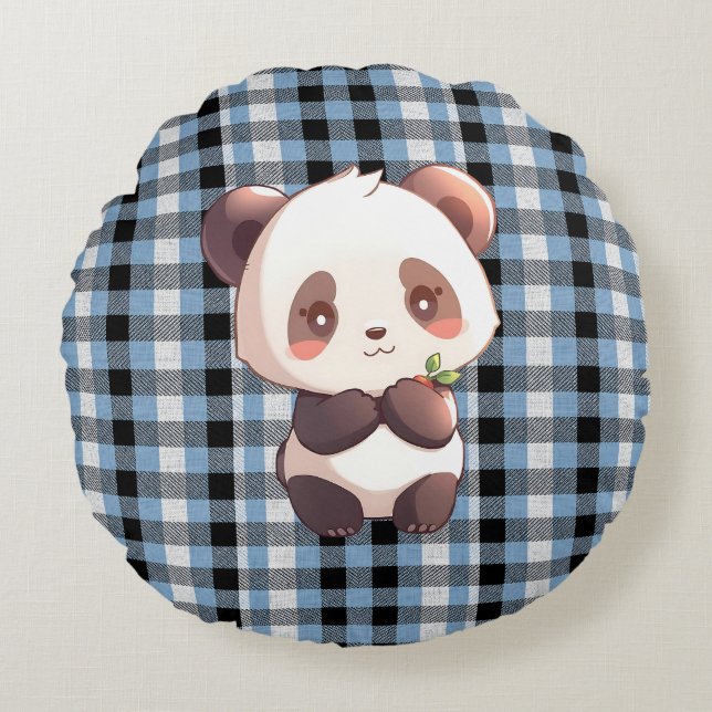 Blue Plaid Panda Throw Pillow (Front)