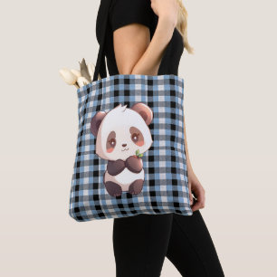 Blue Plaid Panda Tote Bag