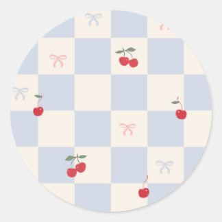 Blue plaid pattern with cherries classic round sticker