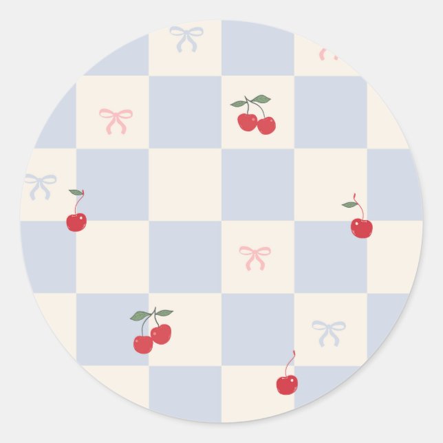Blue plaid pattern with cherries classic round sticker (Front)