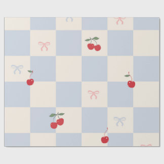 Blue plaid pattern with cherries wrapping paper