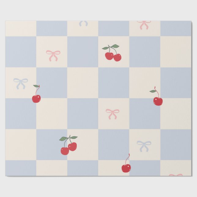 Blue plaid pattern with cherries wrapping paper (Flat)