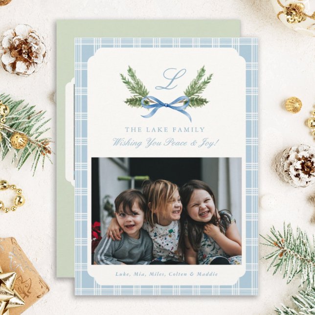 Blue Plaid photo Christmas Cards Monogram Wreath (Creator Uploaded)