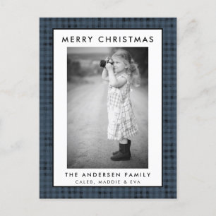 Blue Plaid Photo Merry Christmas Card